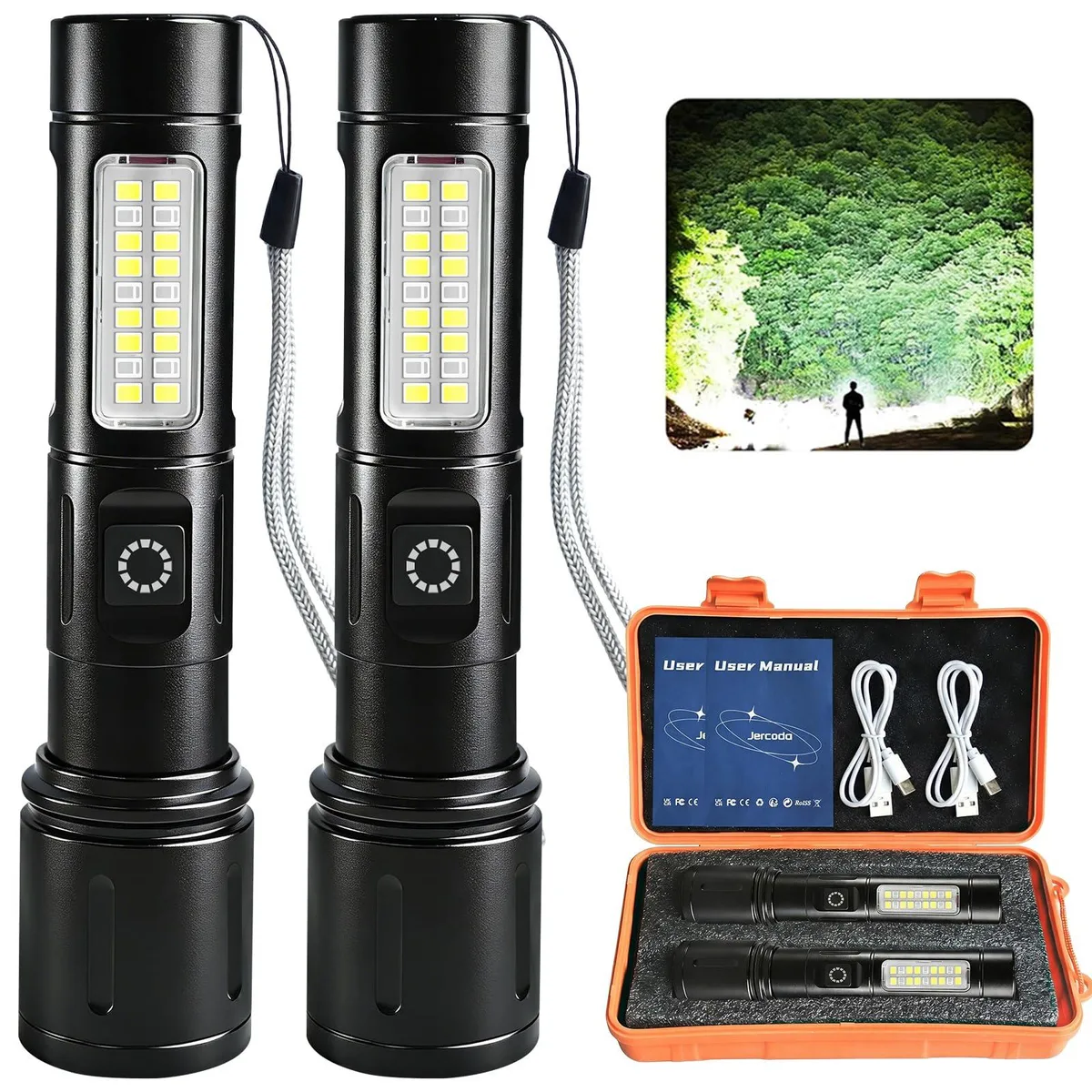 Compact aluminium flashlight with USB-C port and side light panel