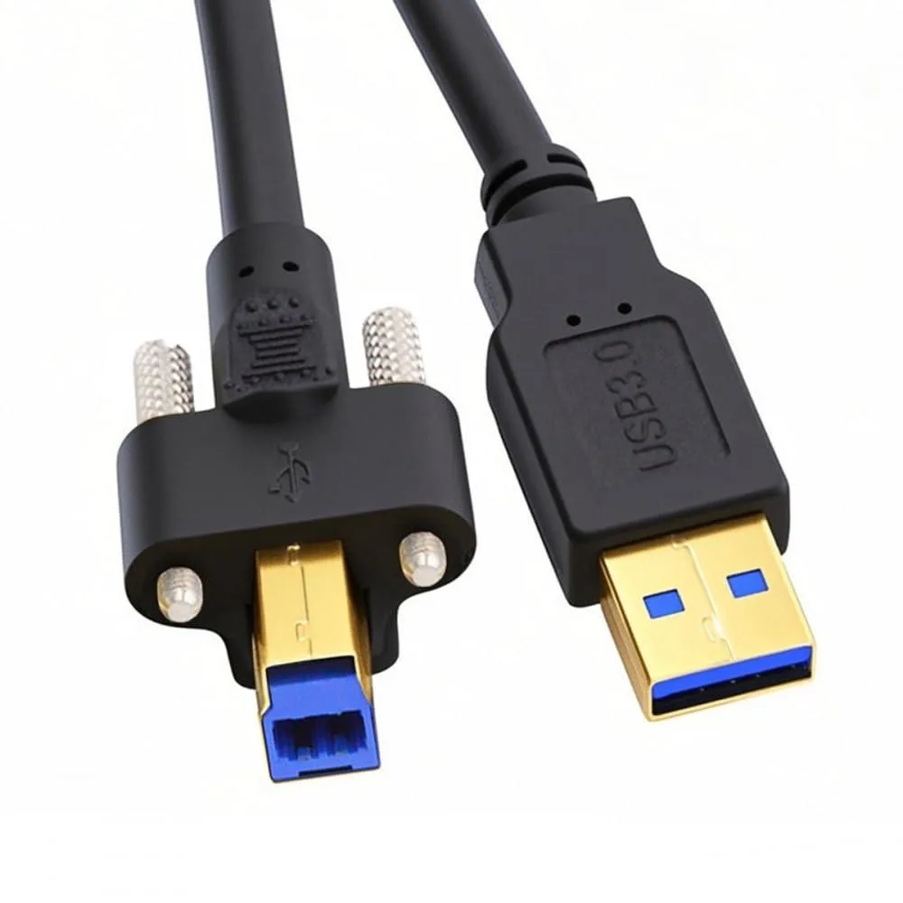 Blue USB 3.0 cable with Type-A plug and panel-mount Type-B thumbscrew connector, 200cm