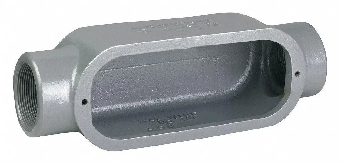 Gray iron C-style conduit body with threaded hub and powder-coated finish