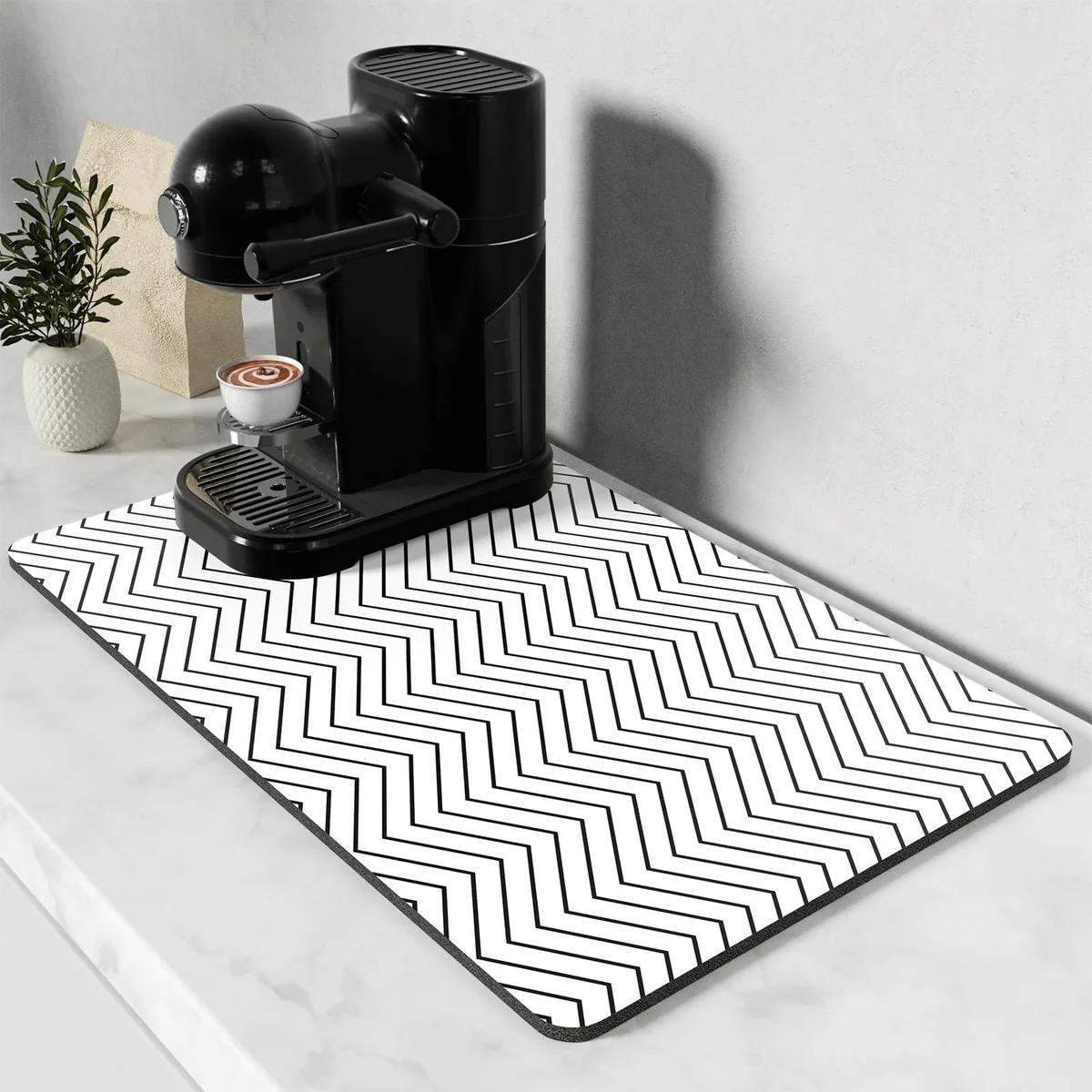 White rectangular coffee mat with striped pattern, rubber backed, 12 by 19 inches
