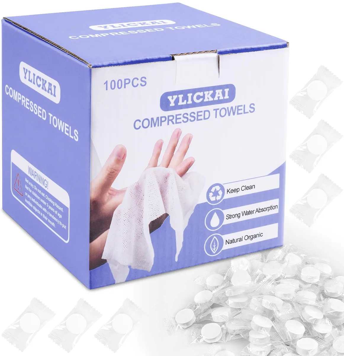 A clear plastic jar holding 100 individually wrapped coin-sized compressed cotton towels