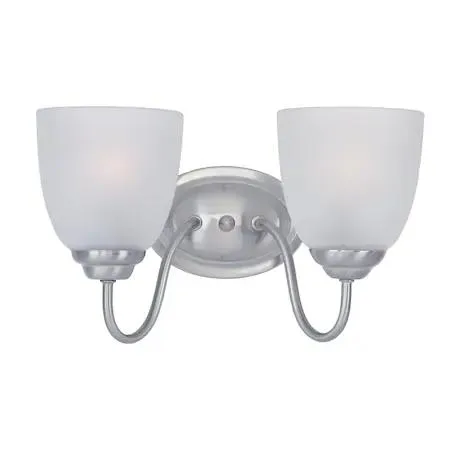 Satin nickel two-light vanity fixture with frosted glass shades