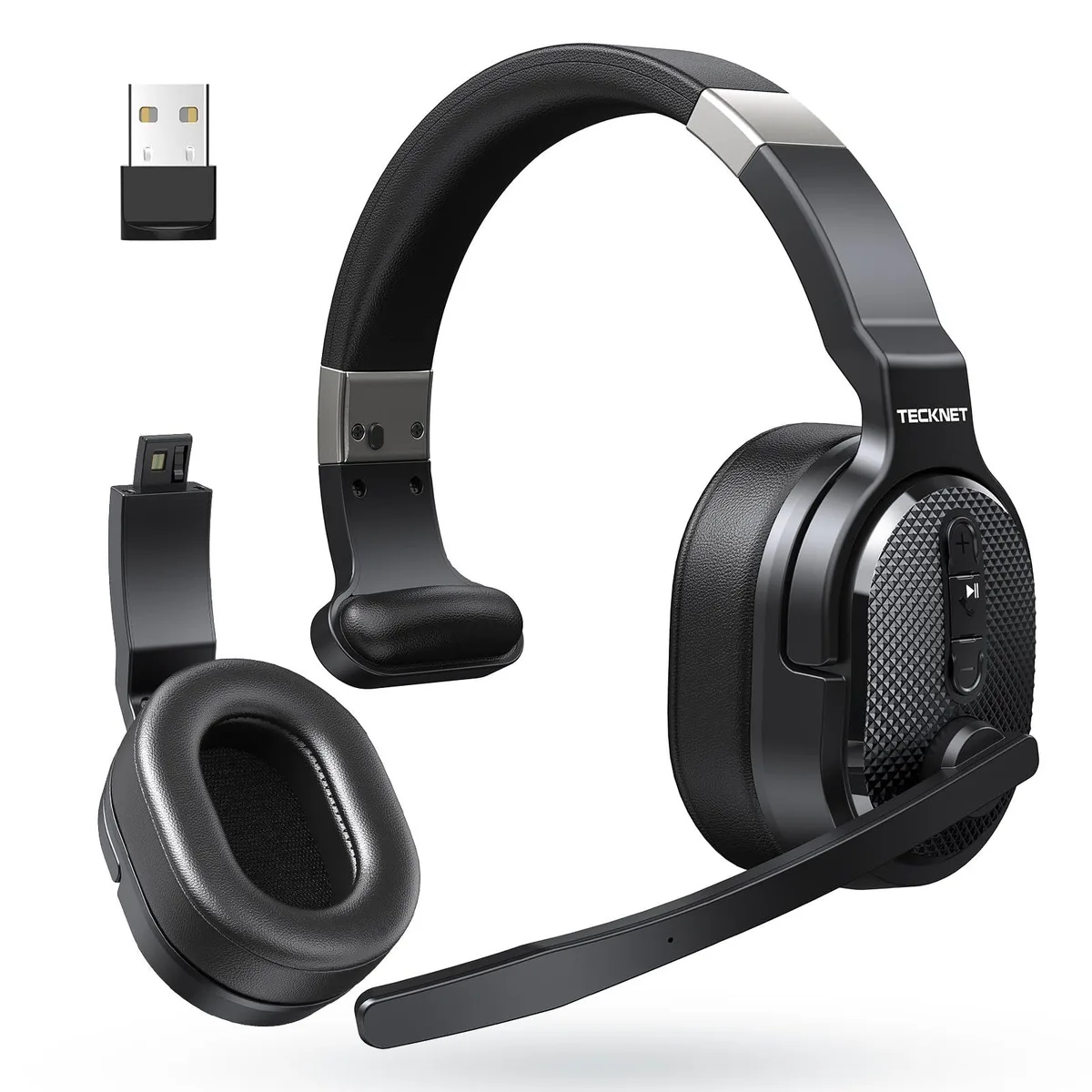 White on-ear Bluetooth headphones with rotating microphone boom