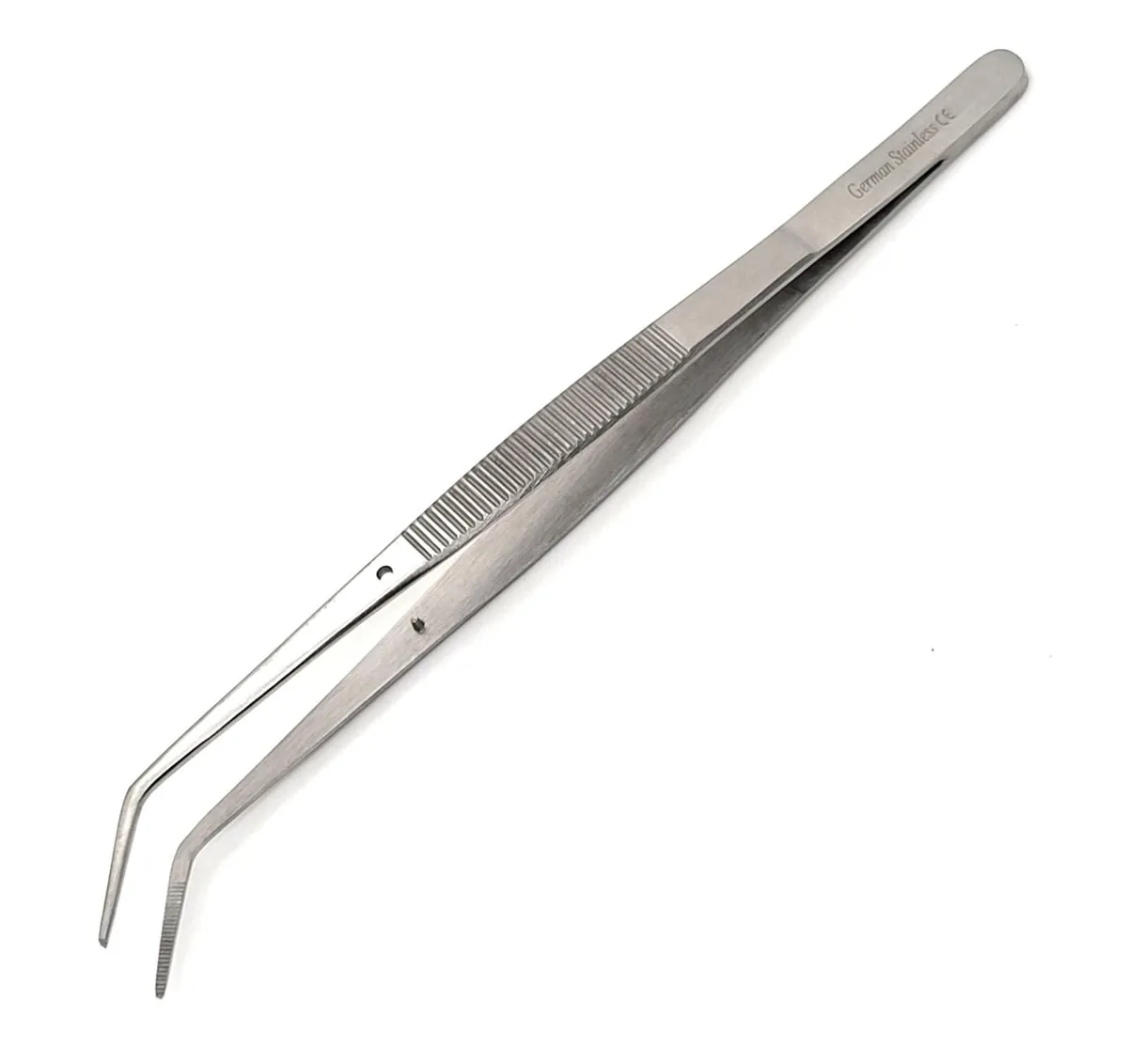 Twelve silver stainless steel angled tweezer tongs with serrated tips and grooved non-slip handles