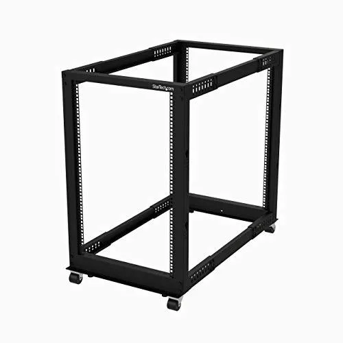 Black metal 18U four-post open frame rack adjustable depth 22 to 40 inches