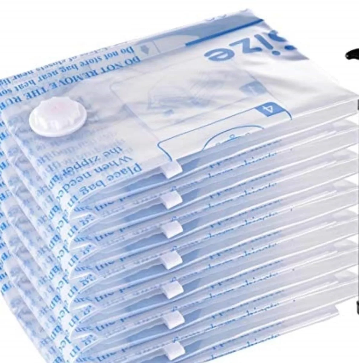 Eight clear large vacuum storage bags flat stacked
