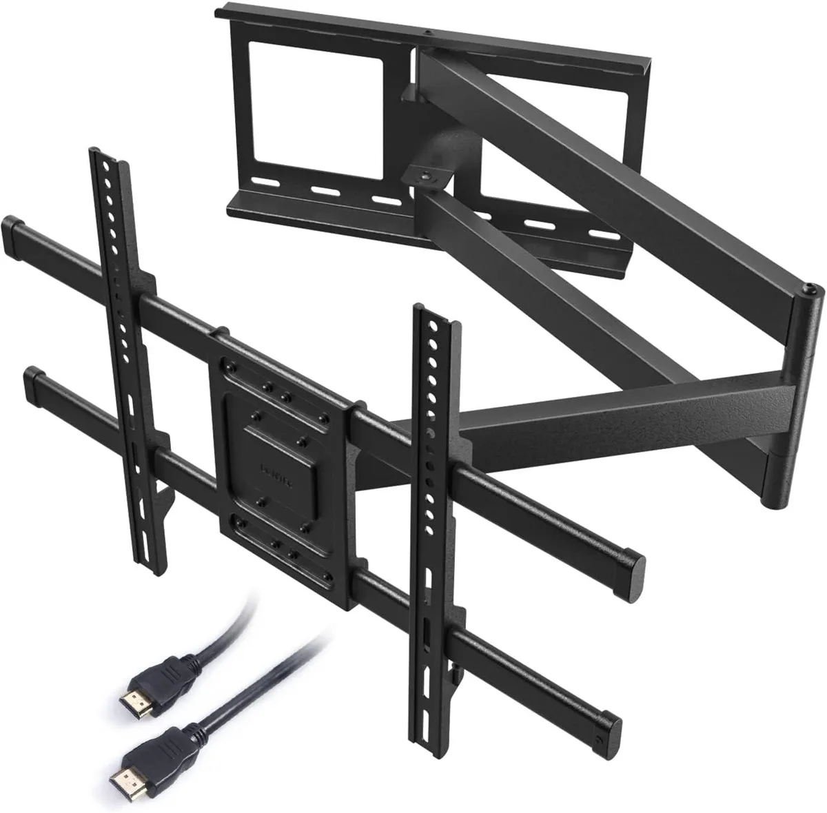 Black steel full-motion TV wall mount with dual articulated arms extended, showing tilt and swivel joints