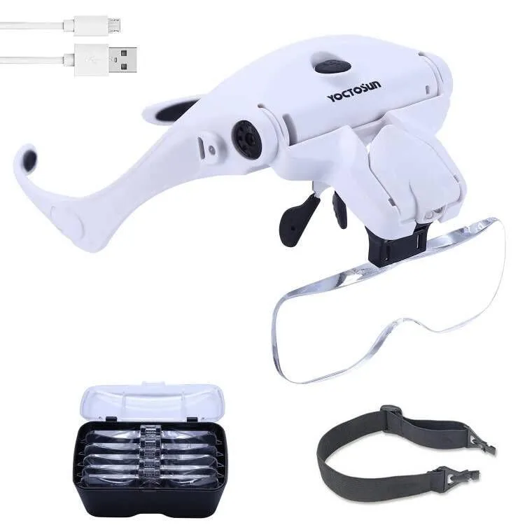 White ABS head magnifier with five interchangeable acrylic lenses and dual LED lights