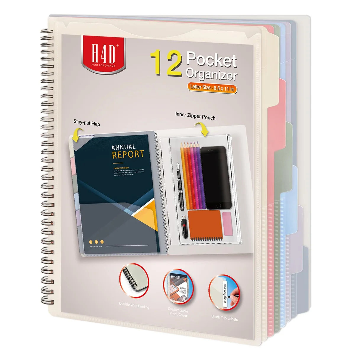 Spiral-bound poly project organizer with 12 pockets, 6 dividers, clear front cover, and inner zip pouch
