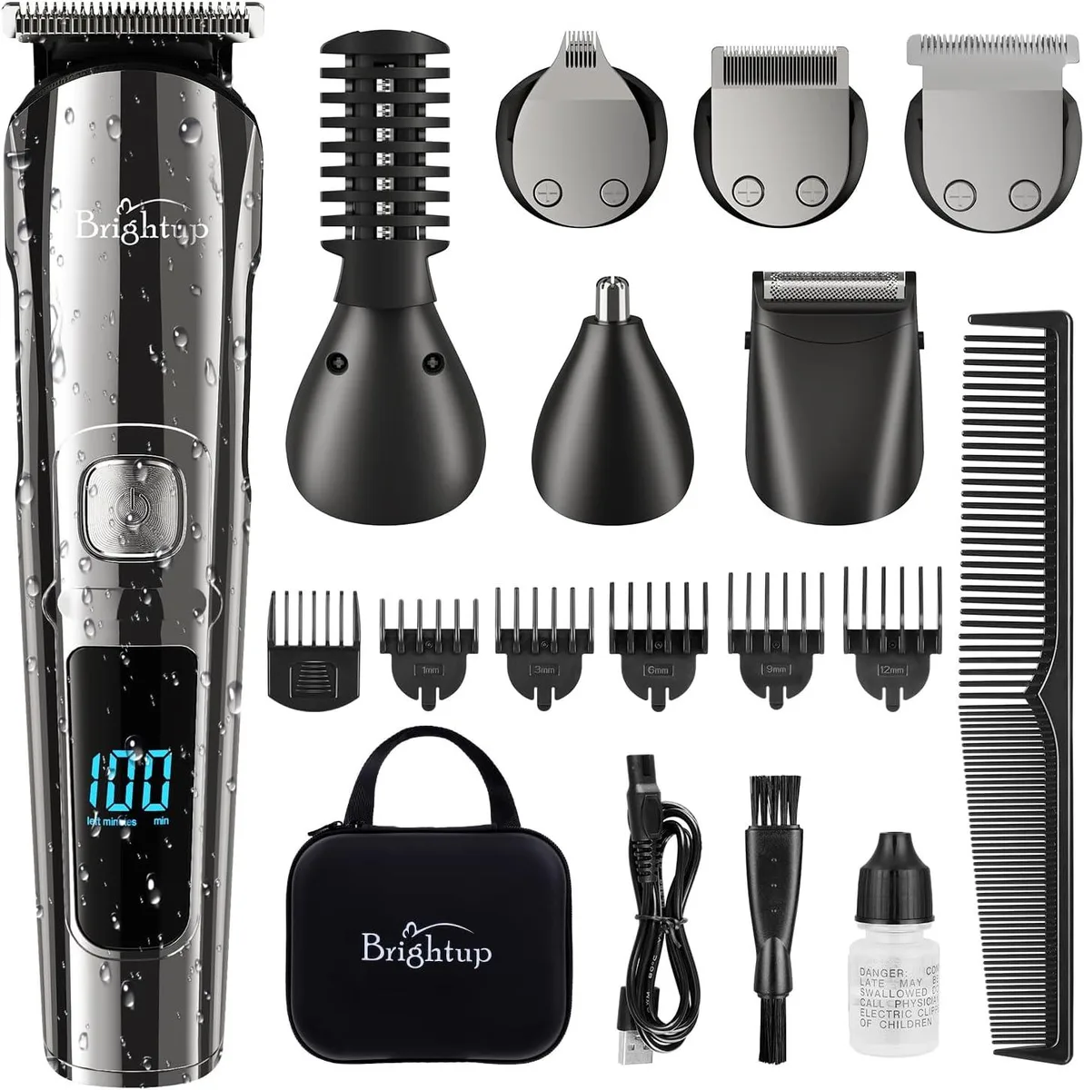 Silver cordless beard trimmer with LED display and multiple attachments in a black travel case