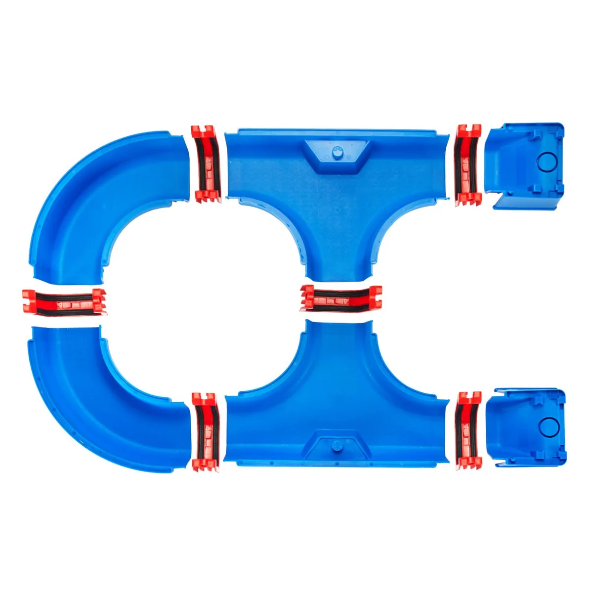 Blue rectangular water table with 39 accessories including boats and gates