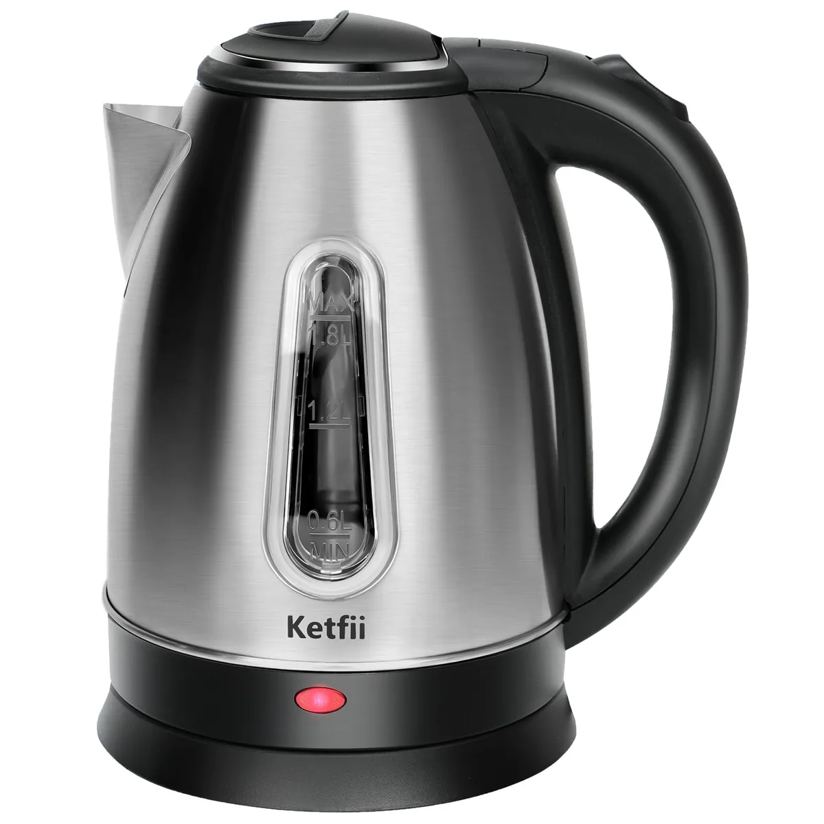 Stainless steel electric kettle with brushed finish and clear water window