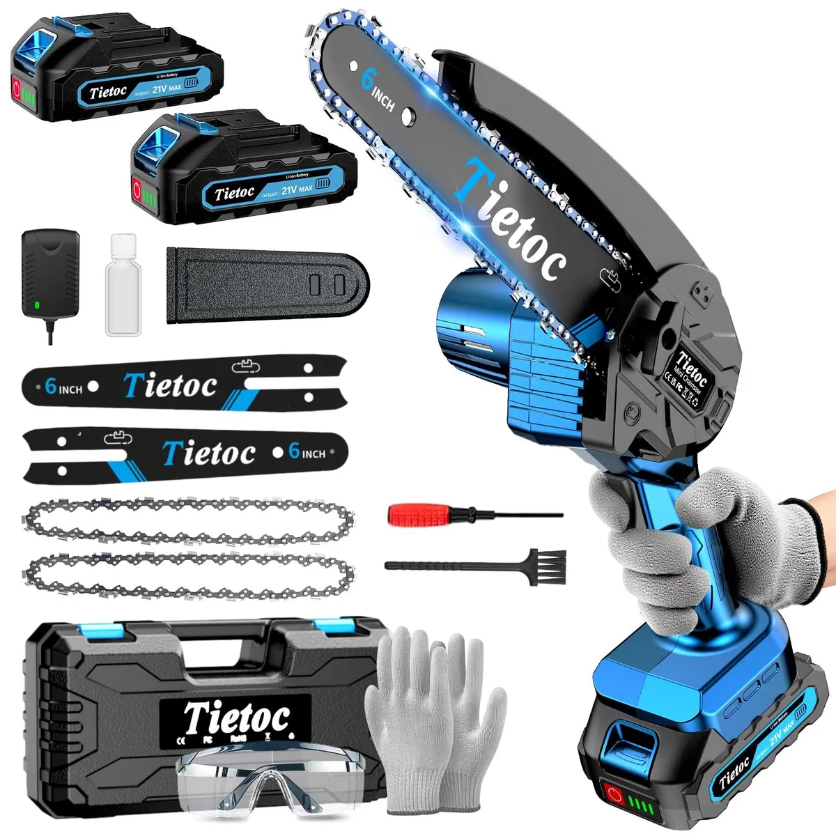  Tietoc 6 inch Cordless Chain Saw 880W 21V 2000mAh 2 Batteries 2 Chains — product photo