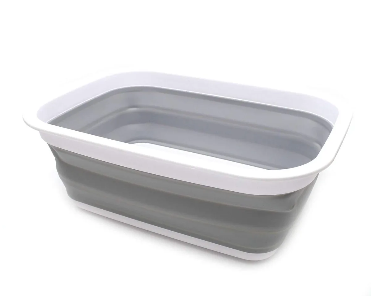 Gray collapsible bath storage tub, 15.3 by 11.2 inches, folds to 1.5 inches high