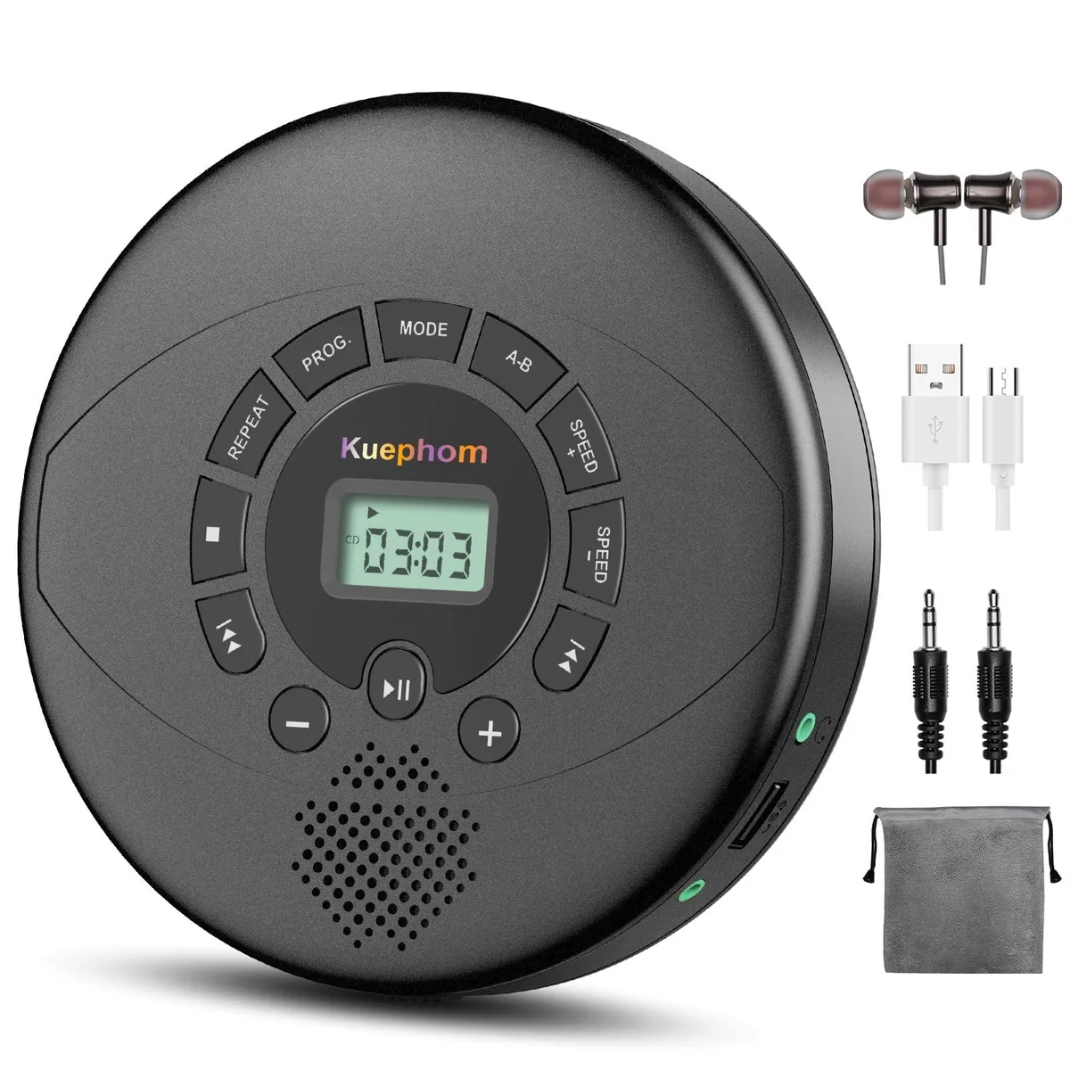KUEPHOM Portable CD Player Black 1500mAh USB 2.0 3.5mm Jack 14.6in 0.458kg — product photo