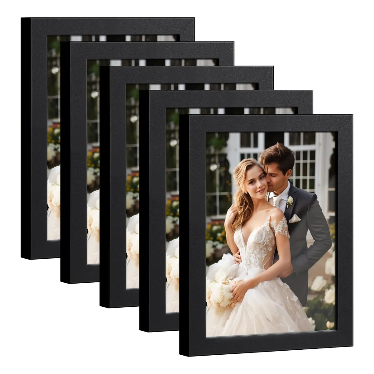Set of five black wood 4x6 frames, tabletop or wall mount, matte finish