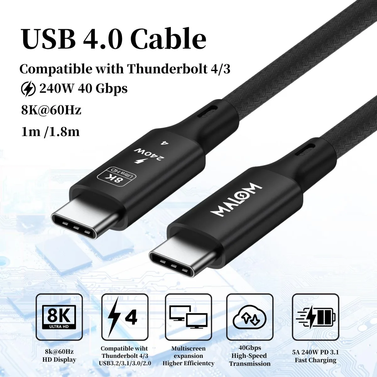 MALOM MALOM USB4 Cable 1.8m 40Gbps 240W 8K@60Hz Black — product photo
