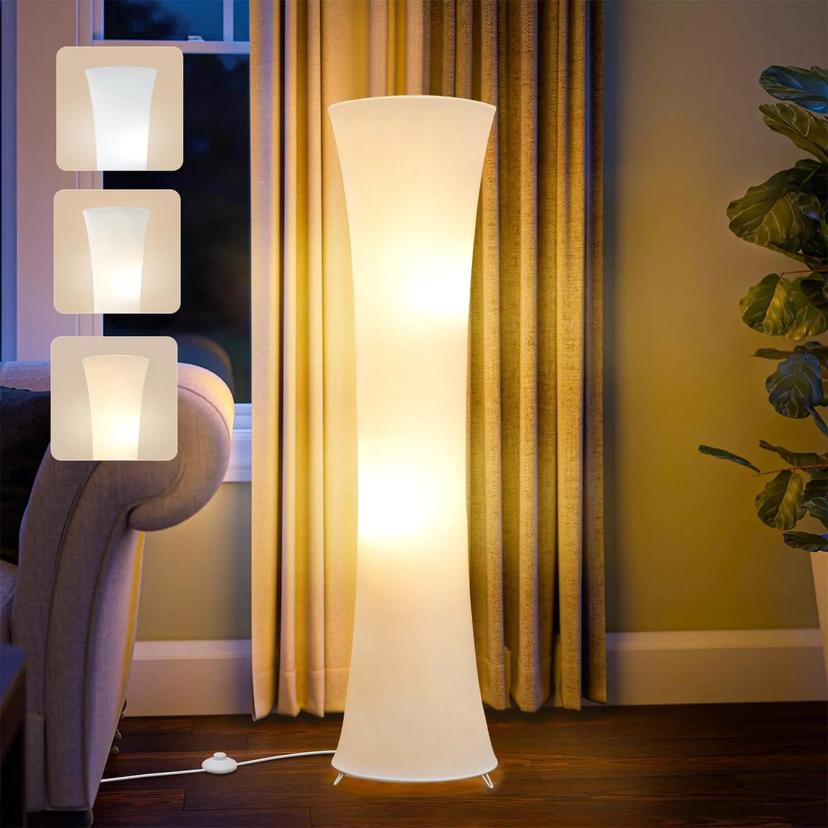 White fabric-shaded floor lamp with antique finish standing 46 inches tall