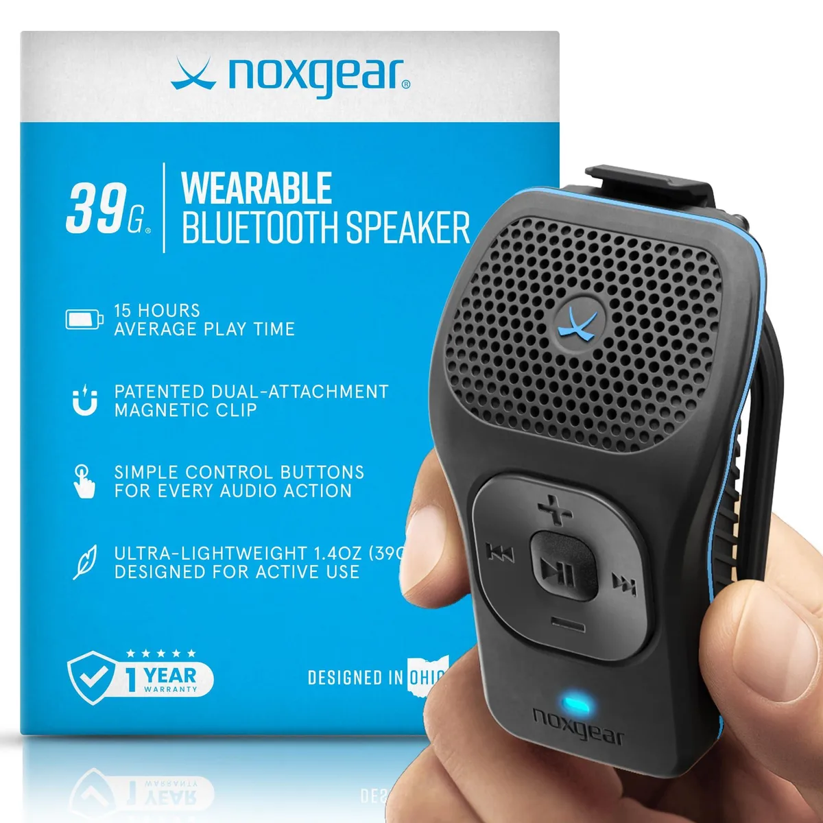 Small black rectangular clip-on speaker with magnetic back