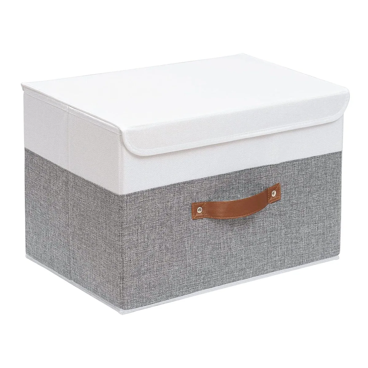 White and grey rectangular fabric storage bin with lid and brown leather handle, shown assembled and open