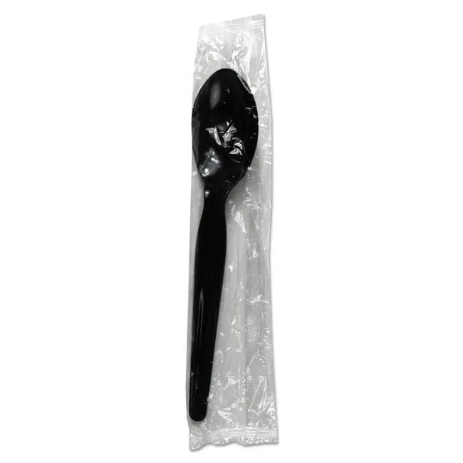 Individually wrapped black polystyrene teaspoon, heavyweight, 6.02 inches