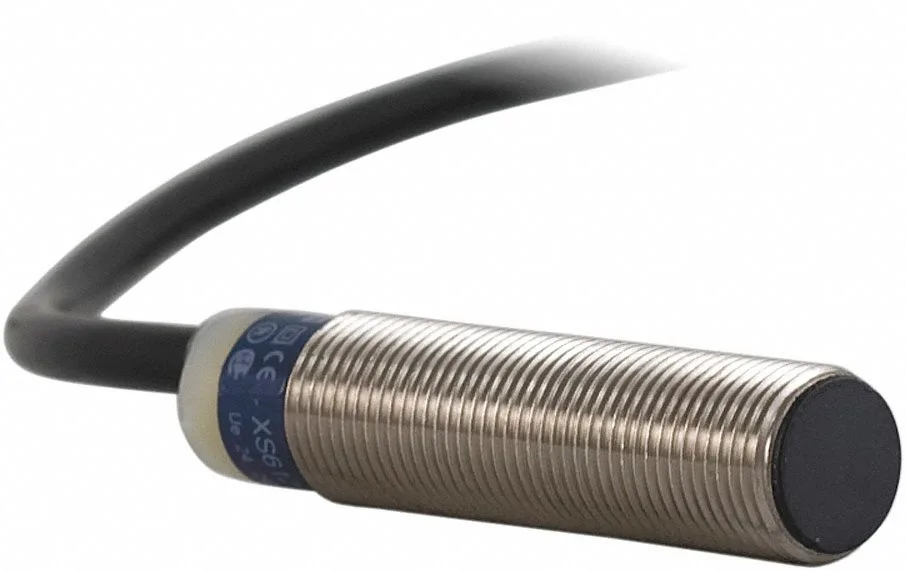 Cylindrical nickel-plated brass inductive sensor, 12 mm diameter, 53 mm length, 2 m cable