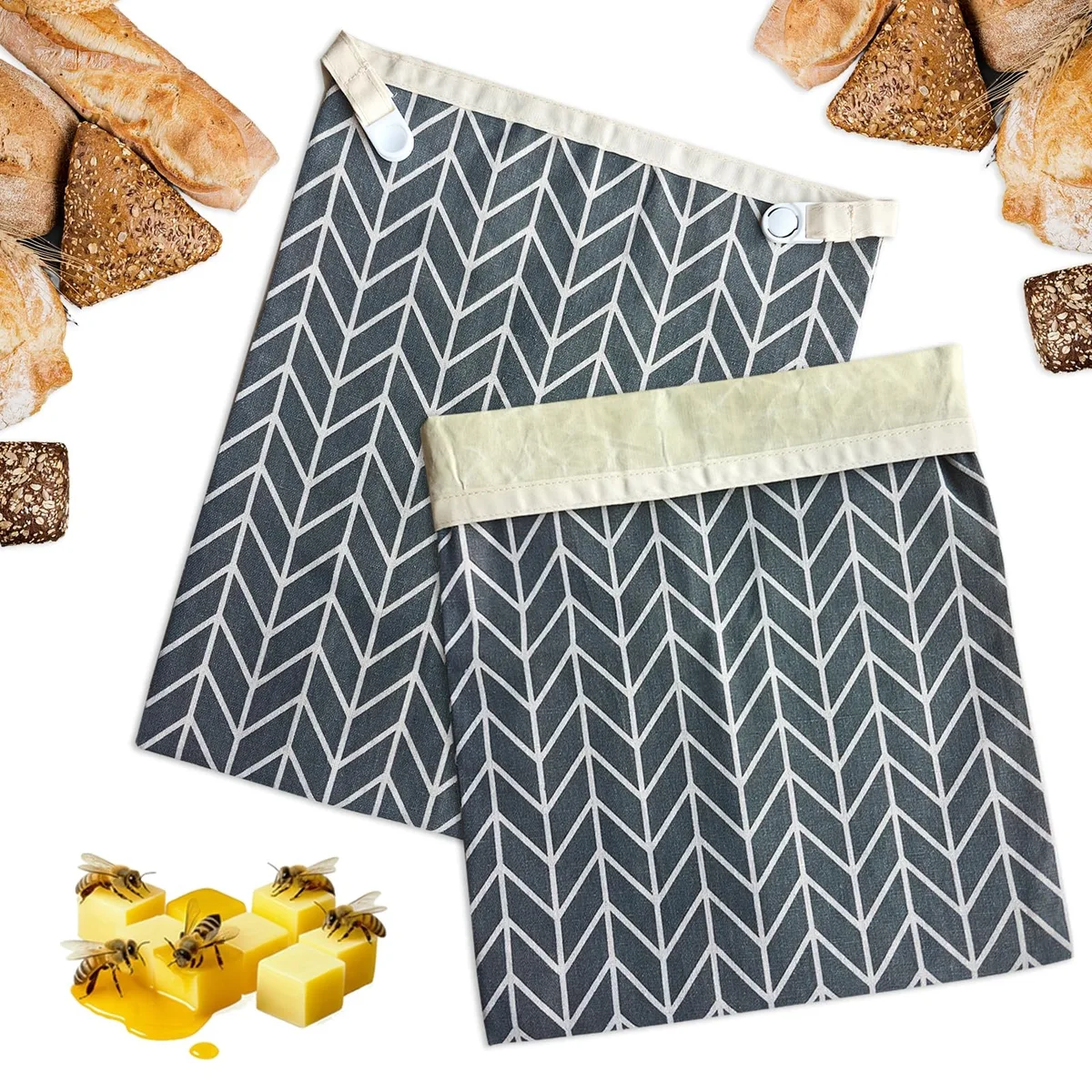 Two grey beeswax bread bags folded flat side by side