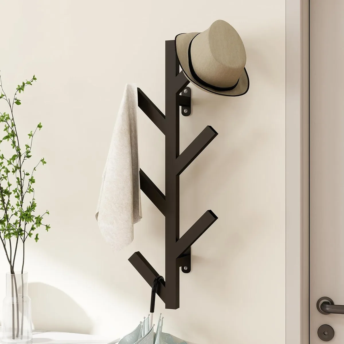 Black metal wall-mounted coat rack with six hooks 37.8 inches long