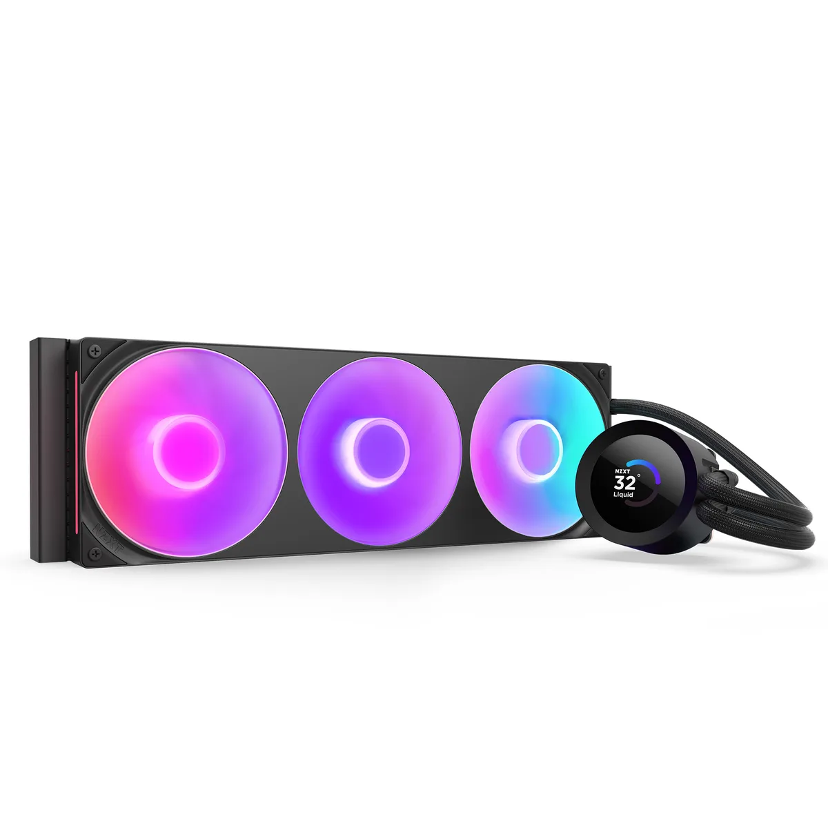Black 360 mm AIO liquid cooler with square LCD pump block and three RGB fans