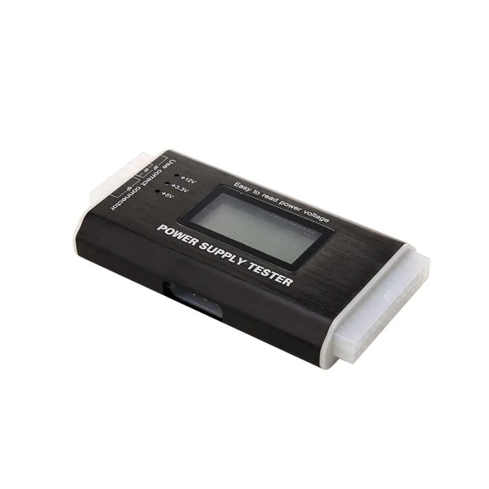 Compact rectangular LCD power supply tester with 20/24 pin connector, buzzer alarm, plastic and aluminium alloy body, 126x64x18.5mm