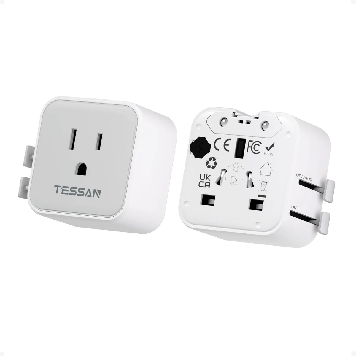 Two compact gray-white travel adapters with multiple plug types