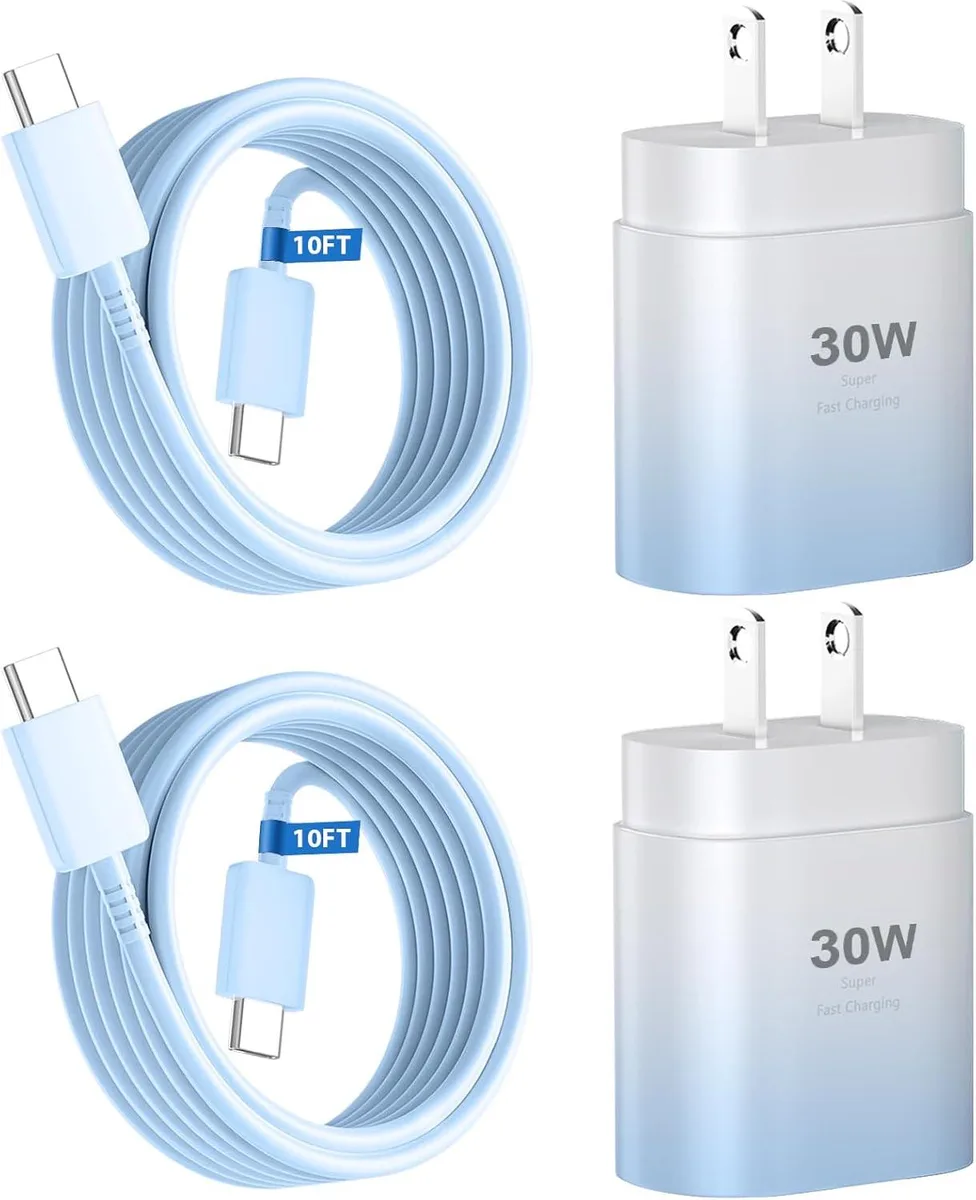 A compact blue-gradient USB-C wall charger with a long matching cable coiled beside it