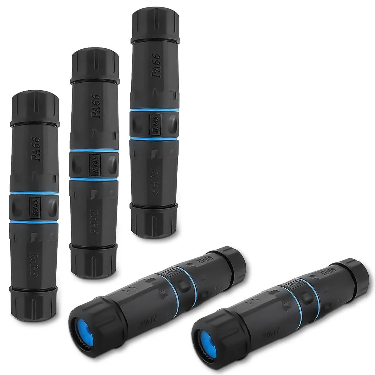 Five black waterproof RJ45 couplers with shielded metal housing