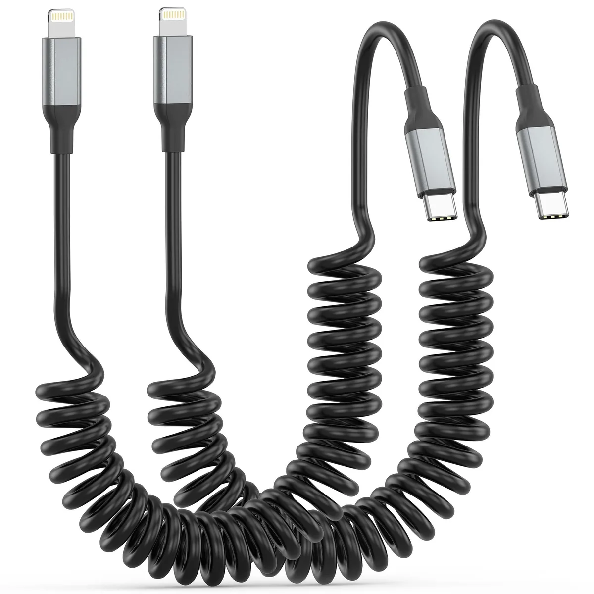 Two orange coiled USB-C to Lightning cables 3 ft