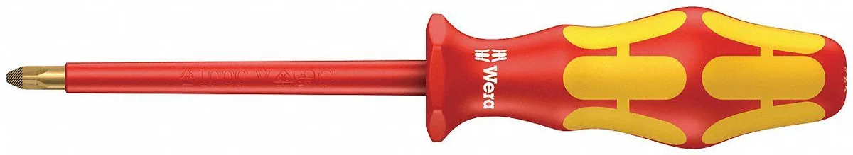 Red and yellow insulated Phillips screwdriver with anti-roll handle