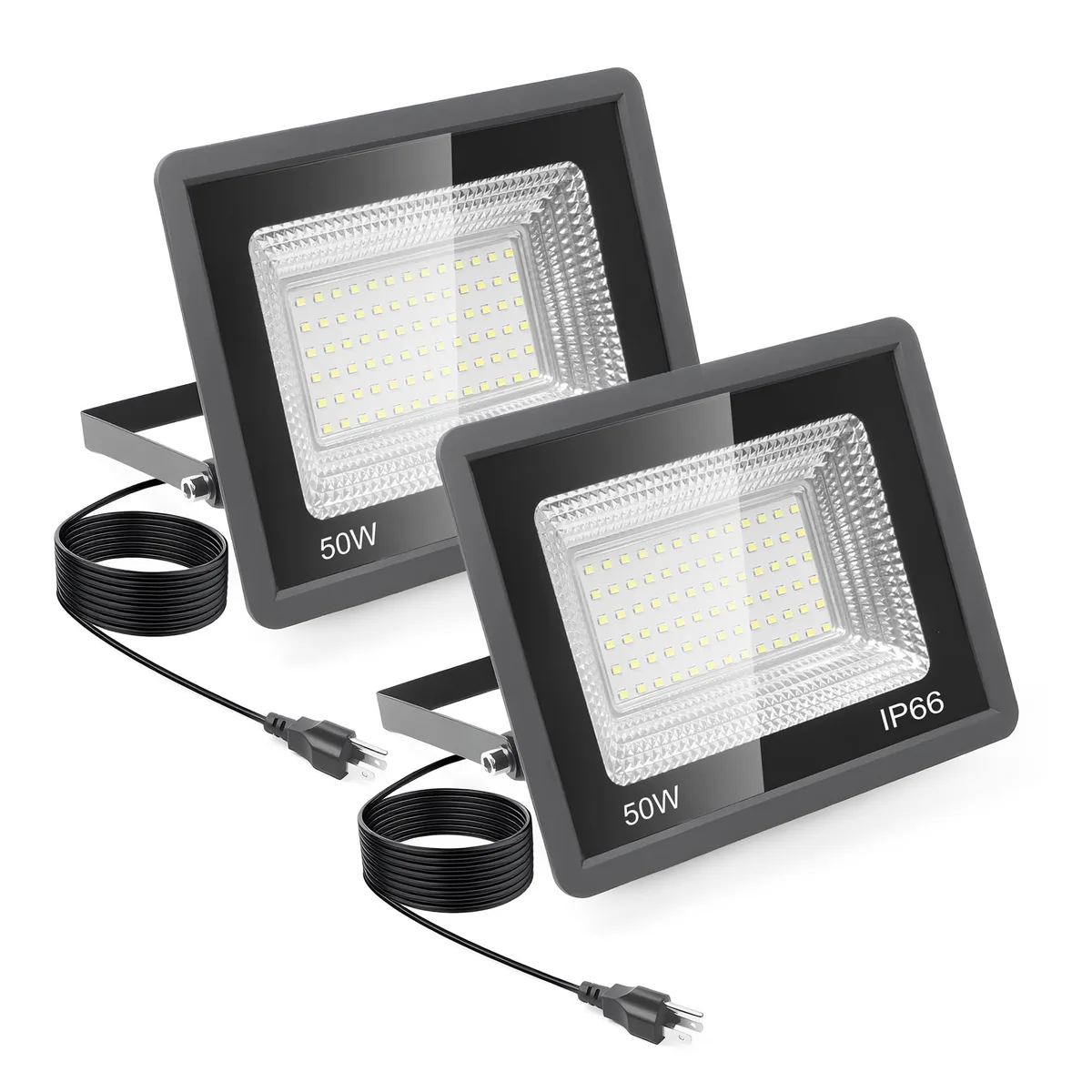 Two rectangular black aluminium floodlights with adjustable metal brackets and power cords