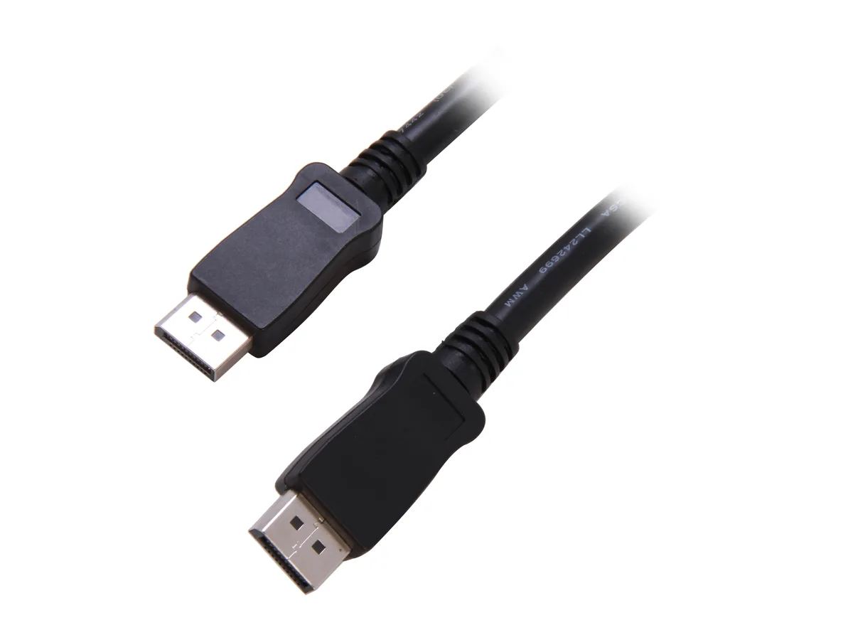 Black 25 ft DisplayPort cable with latching male connectors on both ends, 7.3 mm thick PVC jacket