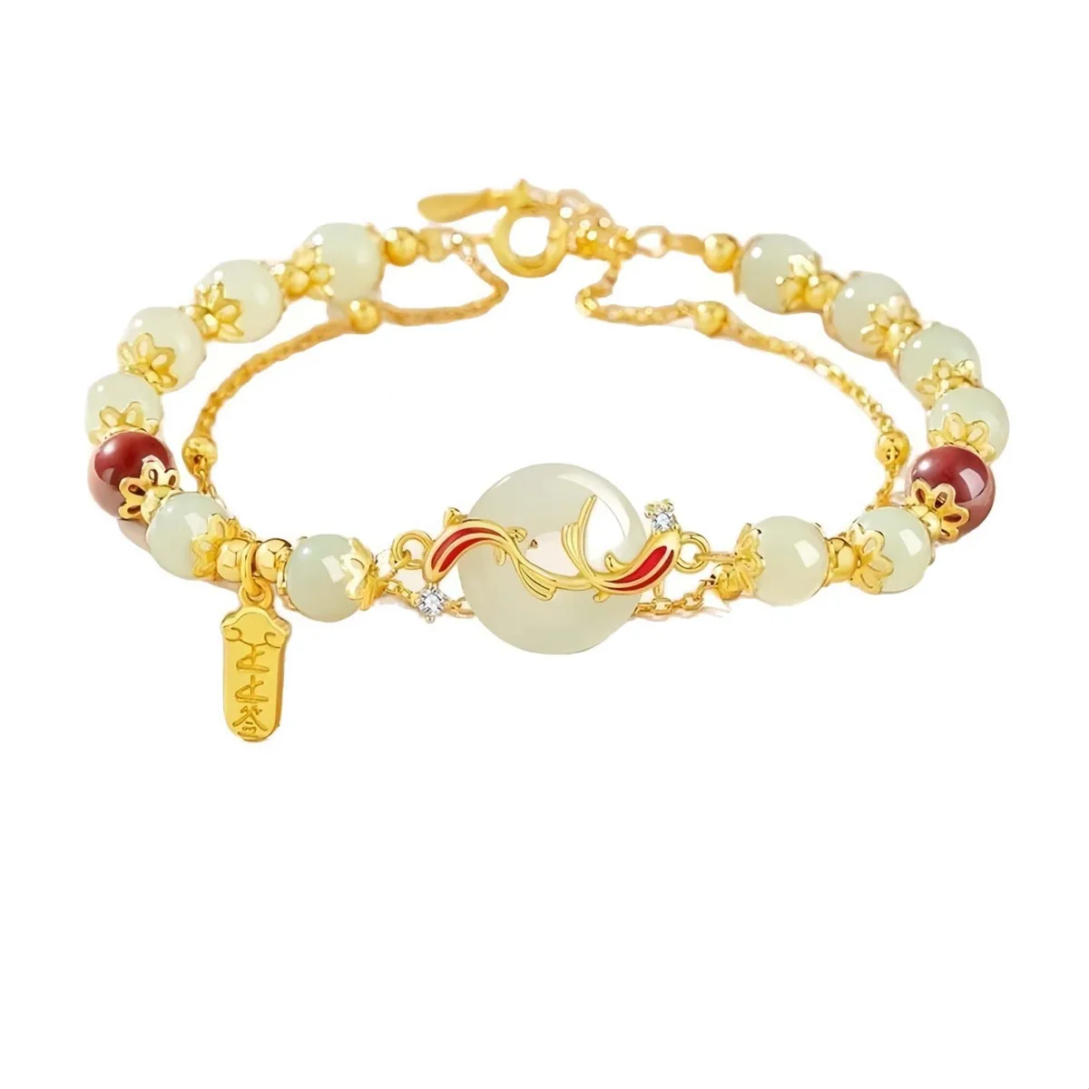 Women Double Circle Bracelet Lucky Koi Fish Pi An Kou Green Jade Red Agate Adjustable 8.6 Inches — product photo