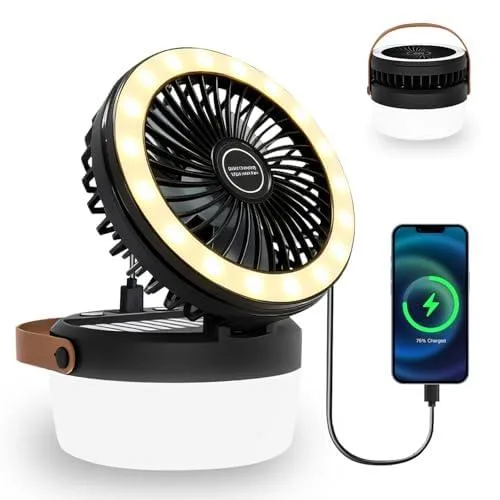 Grey metal solar camping fan with LED light ring, hanging hook and stable base