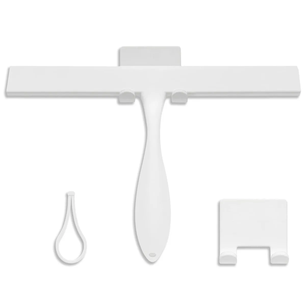 White 11-inch silicone shower squeegee with ergonomic handle and hook
