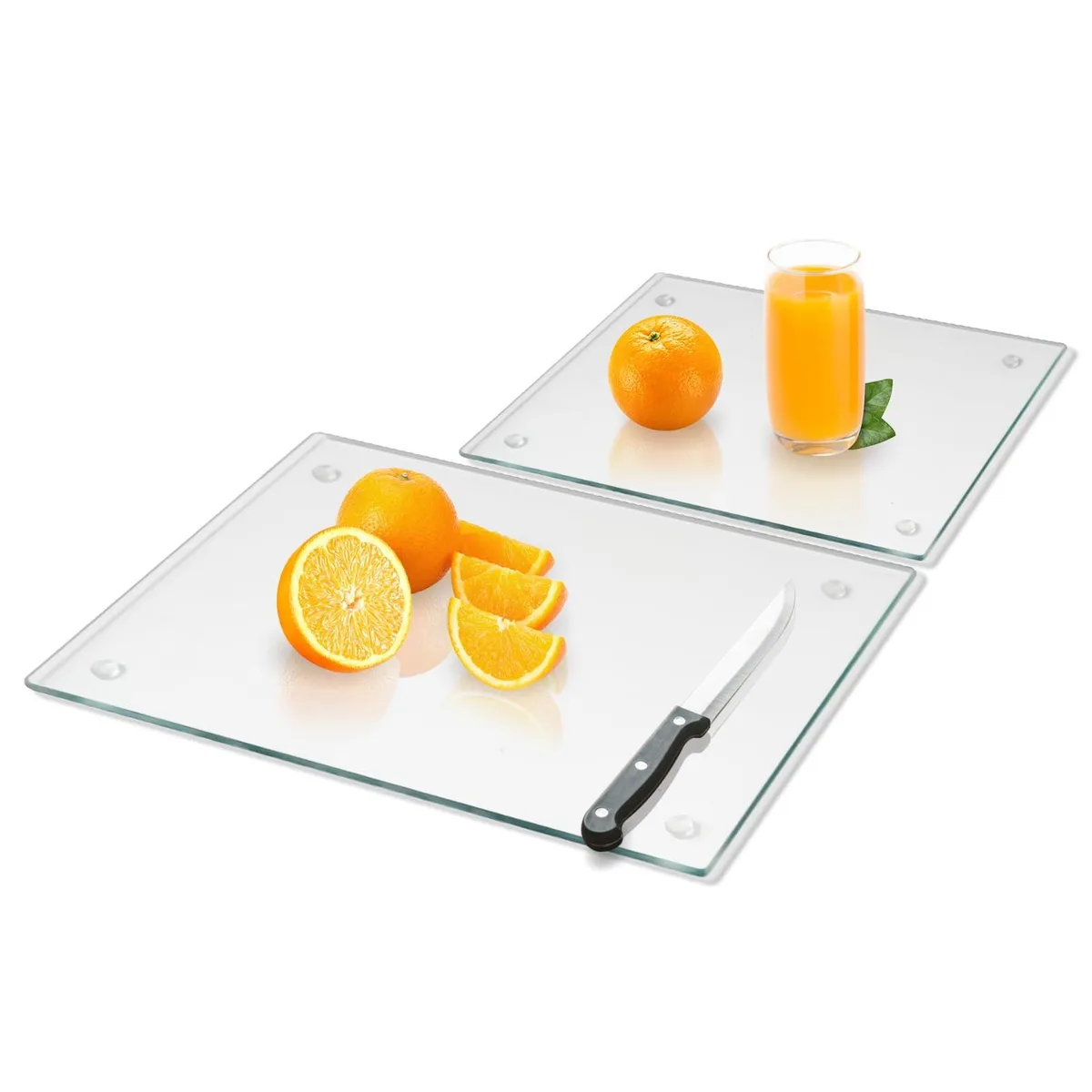 Two clear rectangular tempered glass boards 12 by 16 and 12 by 8 inches with non-slip feet