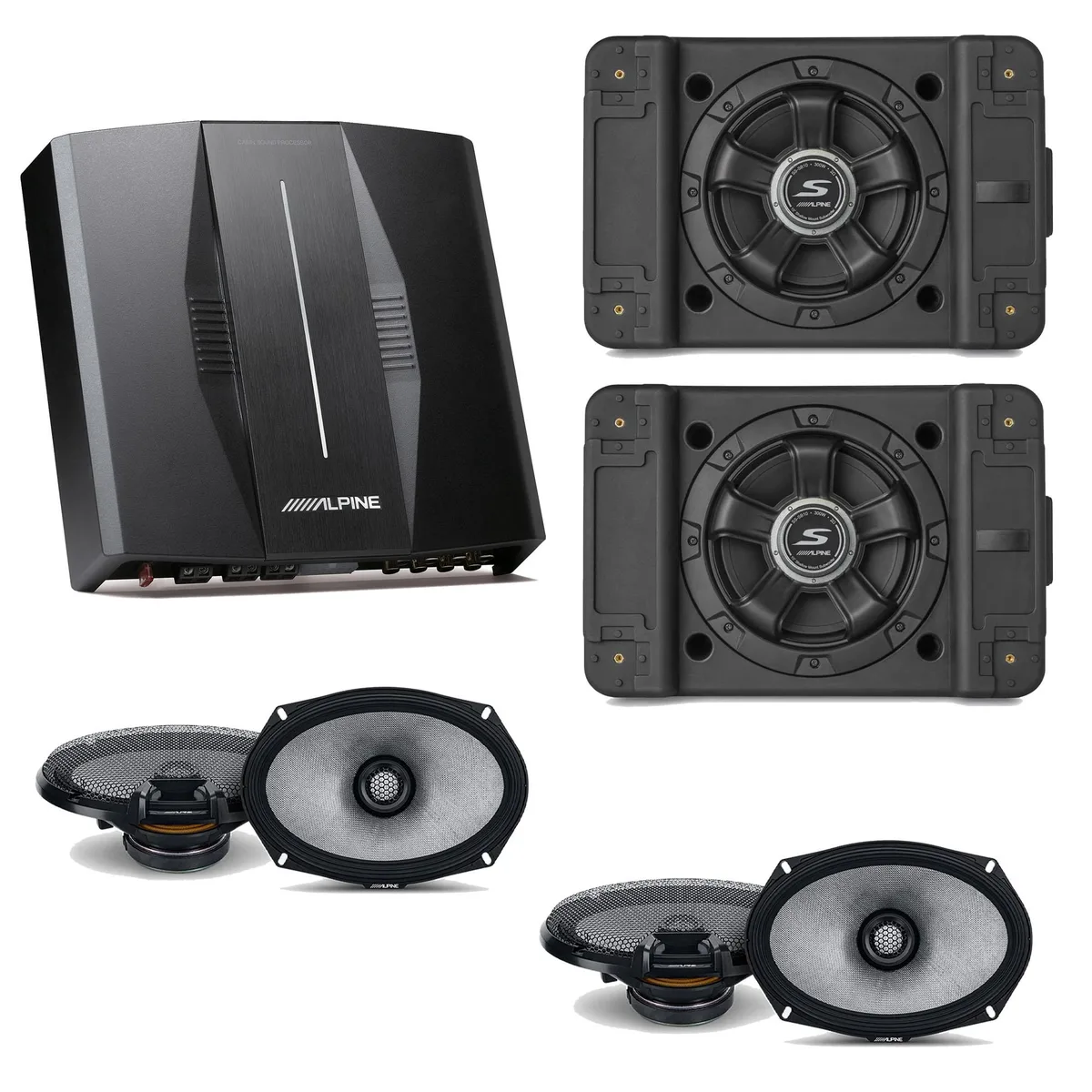 Alpine PXE-C80-88 OPTIM8 amplifier, two 10 inch shallow subwoofer enclosures, two 6x9 inch coaxial speakers