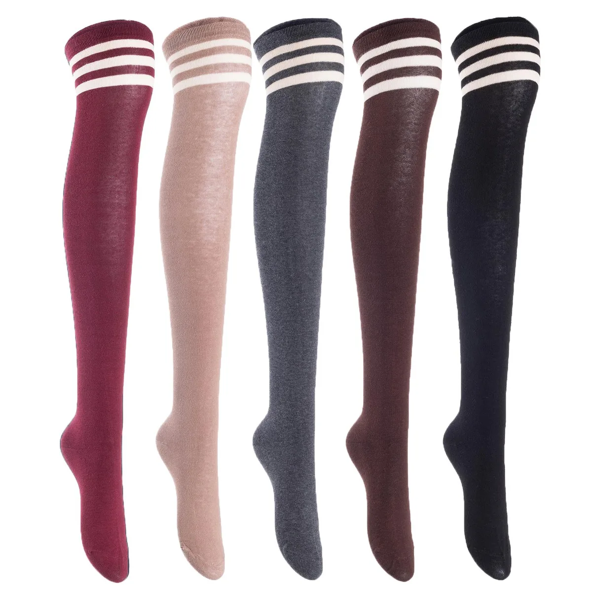 Five pairs of over-knee cotton socks in assorted colours
