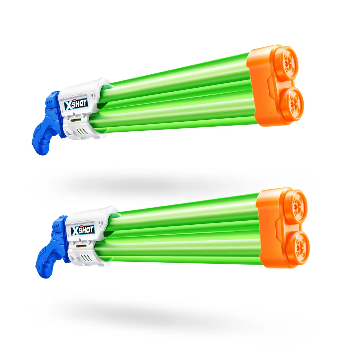 Two large orange plastic water blasters with dual nozzles and pump handles