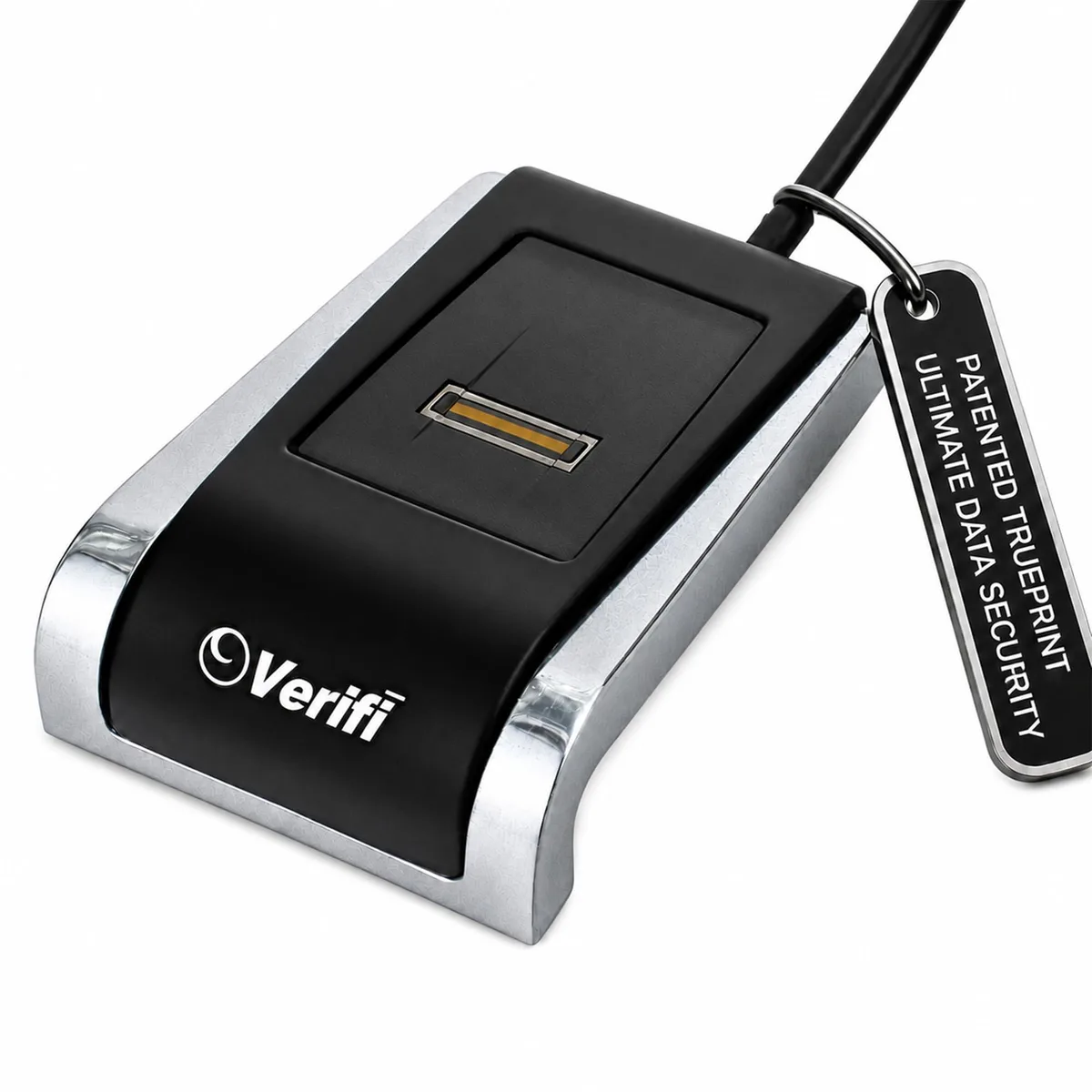 Twelve compact black aluminium fingerprint readers with silver accents, each 2.75 by 1.75 by 1.75 inches, USB 2.0 interface