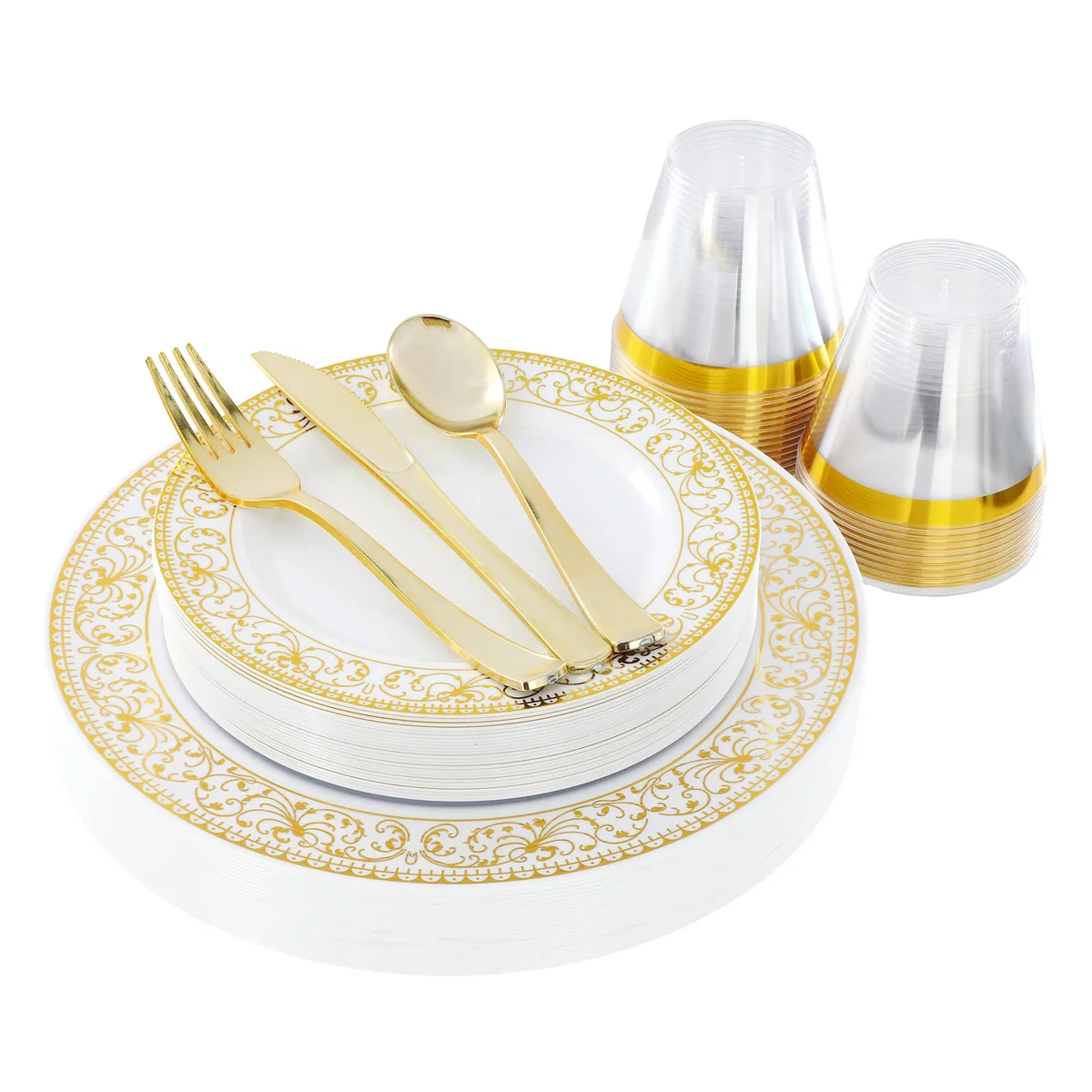 Elama Elama 150-Piece Disposable Plastic Dinnerware Set for 25 Guests, White with Gold Trim — product photo