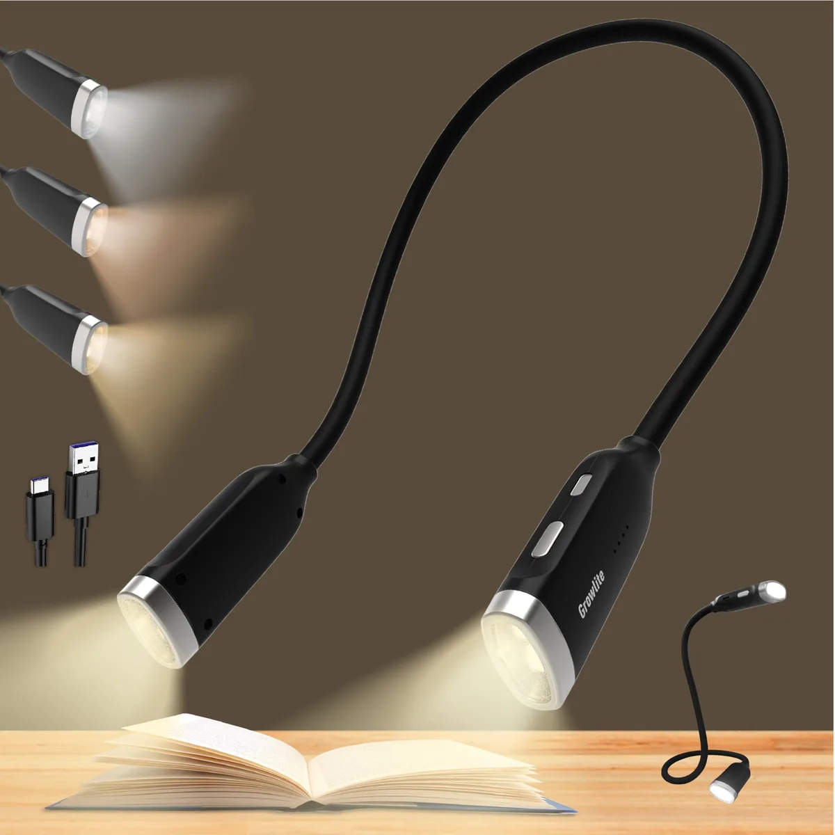 Flexible black neck-worn reading light with two adjustable heads and USB-C port
