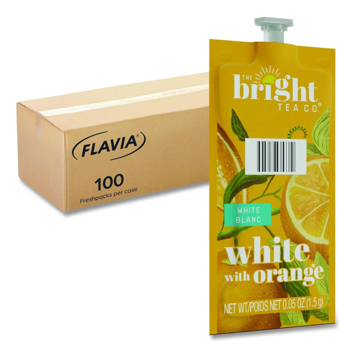 Carton of 100 white tea with orange Flavia pouches