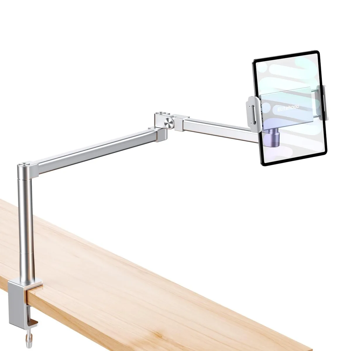 Silver aluminium desk clamp with a 28-inch three-axis articulated arm holding a tablet holder