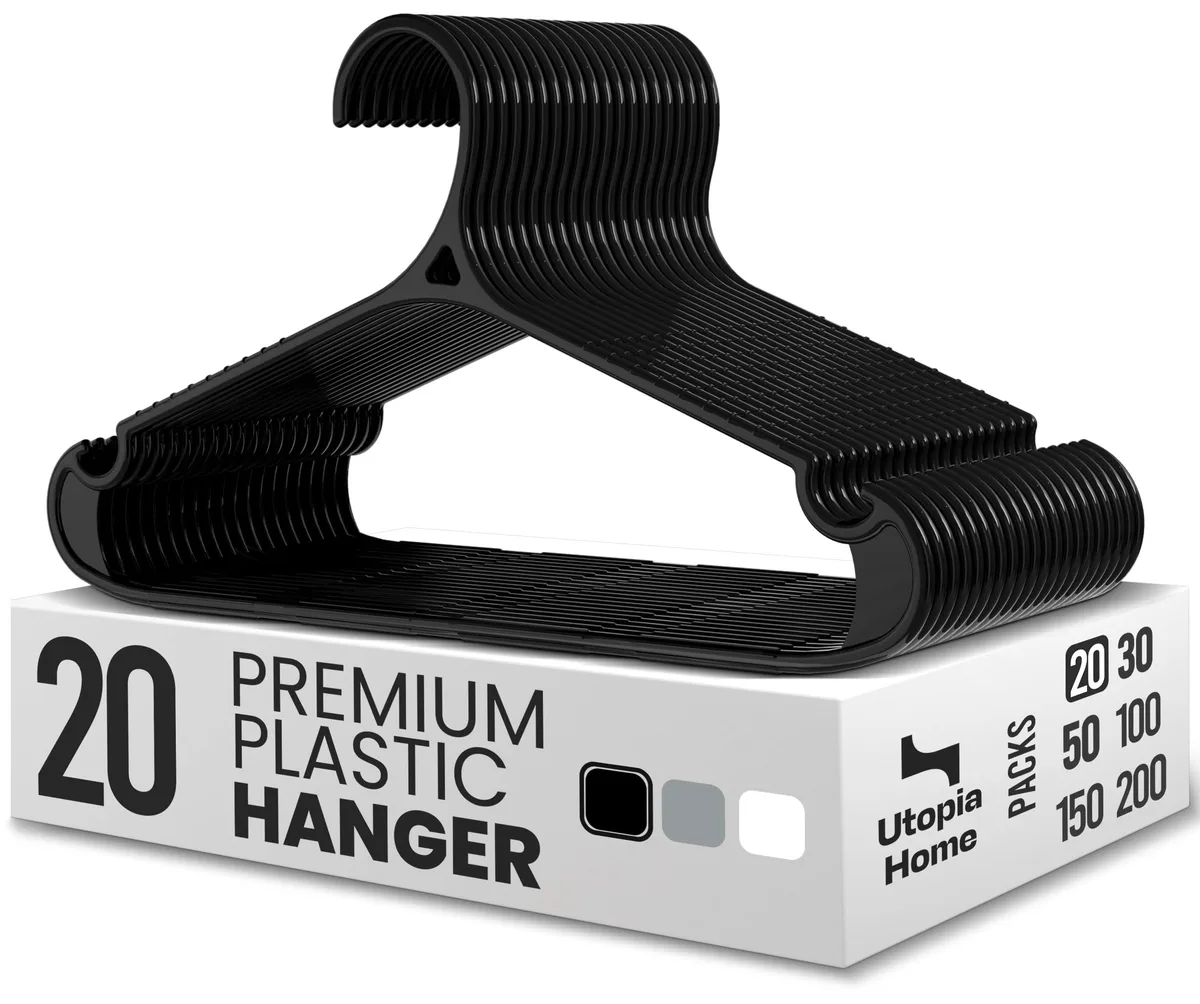 Set of twenty black plastic hangers with built-in pants bars, each 15.3 by 8.3 inches